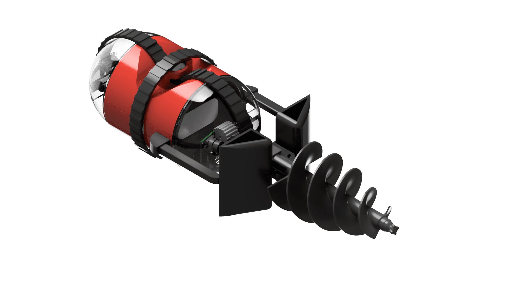 Robot design render with a red capsule body, perpendicular black tracks, transparent end housings and a front auger