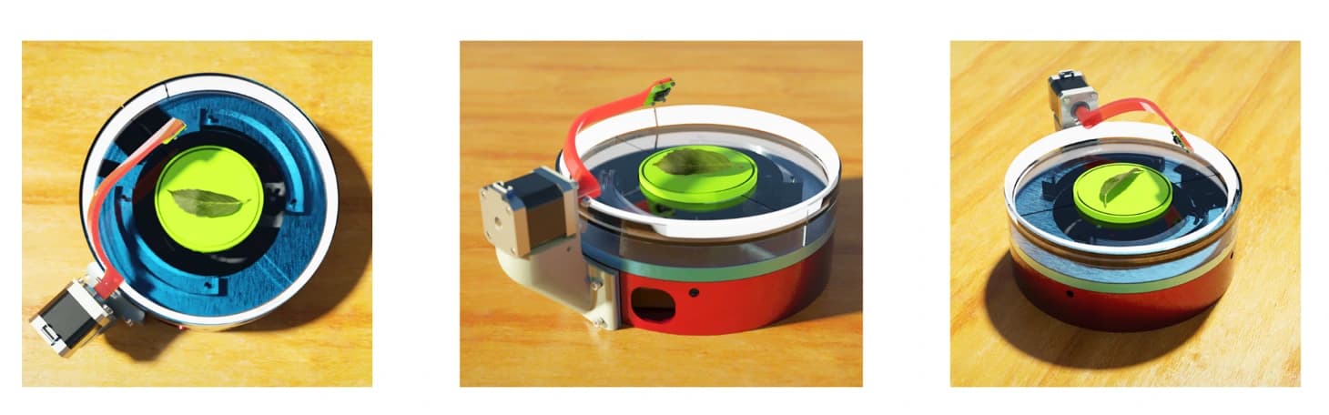 Three published design renders of the leaf scanner, showing its rotating leaf platform and overhead camera