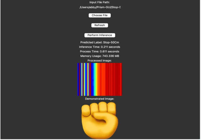 UWB project GUI displaying a gesture prediction, measured processing time, memory usage, and processed radar image